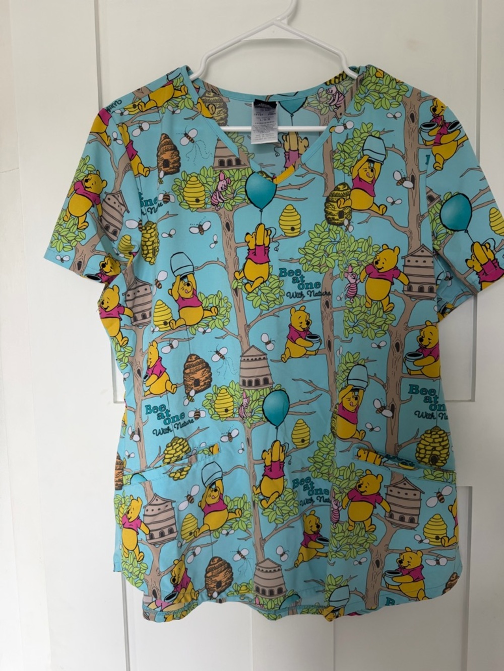 Disney Blue Winnie the Pooh All-Over Print Short Sleeve Scrub Top